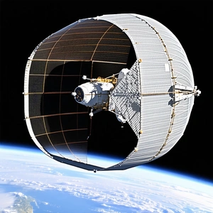 A Spacecraft With A Large Dome On Top, Flying Through The Sky