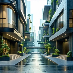 Urban Macro Photography: Urban street with (modern:1.4) architecture