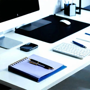 Business Lithograph: Workplace with modern office supplies on desk