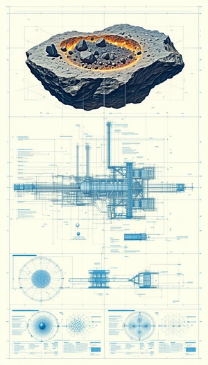 A Large Blue Drawing Of A Factory Is Displayed On A White Background