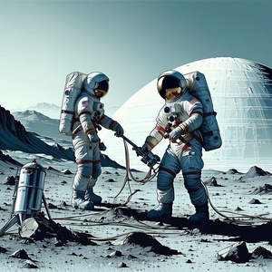 In The Image, There Are Two Astronauts Standing On A Rocky Surface, Possibly On The Moon