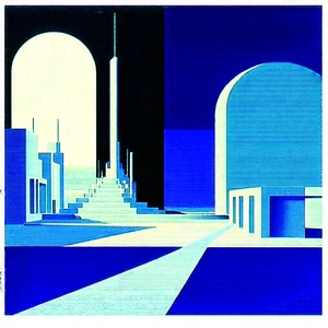 Tech Woodcut Print: Futuristic Research Laboratory With Blue White