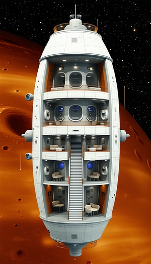 A Large White Space Ship Is Shown With A Spiral Staircase Leading To The Top Deck