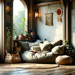 Lifestyle Technical Illustration: Reading Nook With Comfortable Textiles With Image, There