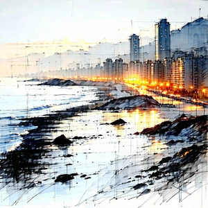Urban Charcoal Drawing: Cityscape of coastal (city:1.13) during sunset