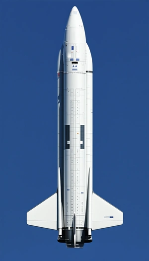 A White Rocket Ship Is Shown In A Blue Sky