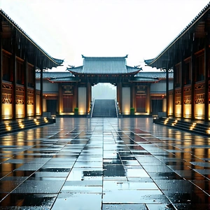 Urban Stock Photography: Cultural Center With (rain:1.27)-slicked Streets With Large, Ornate