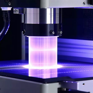 A Machine Is Cutting A Piece Of Plastic With A Blue Light