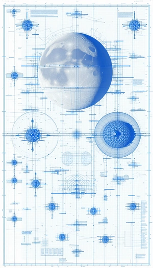 A Blue Drawing Of A Moon And A Space Station Is Displayed