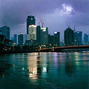 Urban Professional Photography: Cityscape of modern metropolis during rainy evening