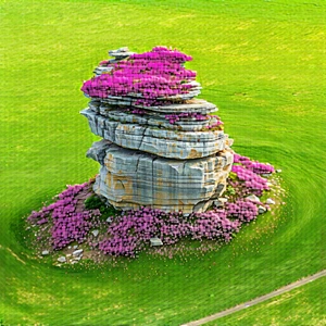 Nature Aerial Photography: Rock Formation In Spring Bloom With Large Rock