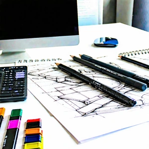 Business Ink Drawing: Workplace with digital devices on desk