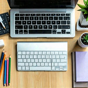 Business Aerial Photography: Workplace with productivity tools on desk