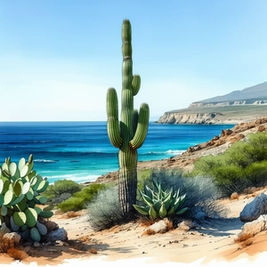 Nature Ink Drawing: Cactus In Coastal Environment With Cactus Standing