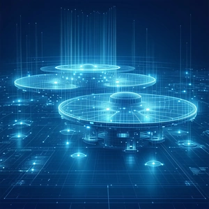 The Image Is A Blue, Three-dimensional Rendering Of A Large