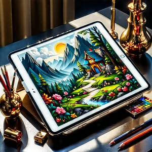 Tablet With Digital Artwork With Table White