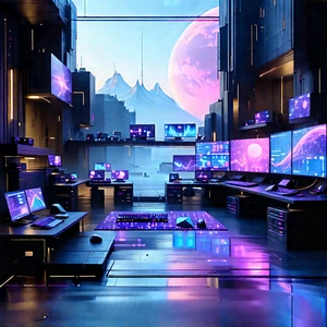 (futuristic:1.48) (digital:1.3) Workspace With Futuristic Scene,