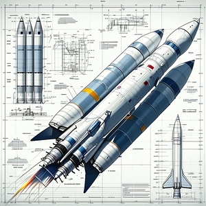 A Drawing Of A Rocket Ship Is Shown In A Blue And White Color Scheme