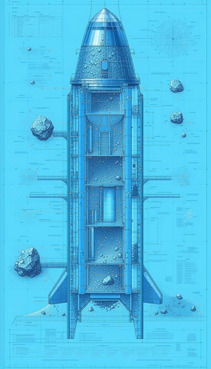 A Blue And White Drawing Of A Space Station Is Shown