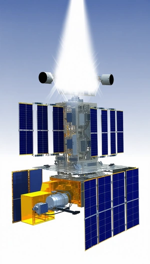 A Large Spacecraft With A Blue And Yellow Color Scheme