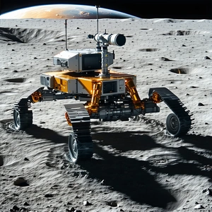 A Yellow Robot Is Sitting On A Rocky Surface, With A Large Satellite Dish On Its Back