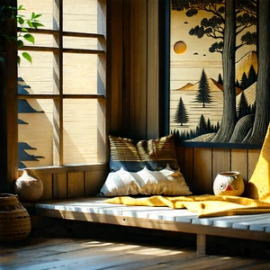 Lifestyle Woodcut Print: Reading Nook With Minimalist Decor With Cozy Wooden