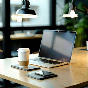 Business 3d Render: Workplace With Laptop And Coffee On Desk With Wooden Desk