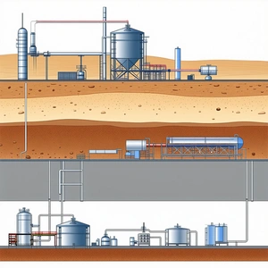 The Image Is A Drawing Of A Factory With Various Pipes And Equipment