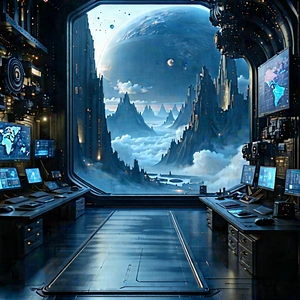 Futuristic (digital:1.15) Workspace With Futuristic Scene,