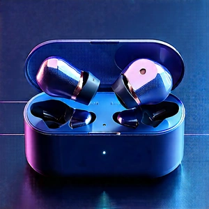 Wireless Earbuds With Data Visualization With Blue Containing