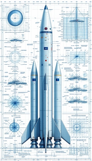 A Blue And White Drawing Of A Rocket Is Displayed