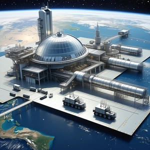 A Large, Futuristic Building Is Situated On A Floating Platform In The Middle Of The Ocean