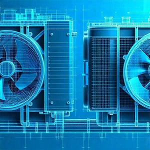 Tech Blueprint Style: Close-up Of Cooling System With Large Fans,