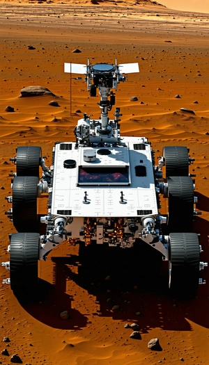 A White Robotic Vehicle, Possibly A Rover, Driving Across A Red Dirt Surface