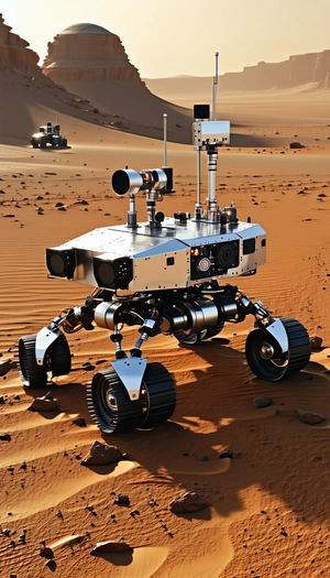 A Robot Is Sitting On A Dirt Surface, With A Rocky Terrain In The Background