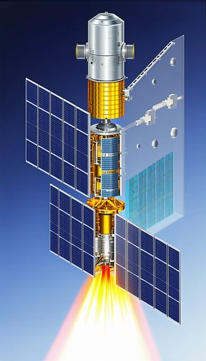 A Spacecraft Is Shown In A Blue Background, With A Large Solar Panel On The Side