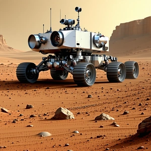 A Futuristic Robotic Vehicle, Possibly A Rover, Driving Across A Rocky Terrain