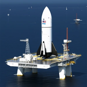 A Large White Space Shuttle Is Docked On A Floating Platform In The Ocean