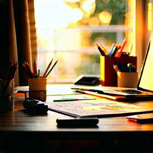 Lifestyle Diagram Style: Home office with warm (lighting:1.22)