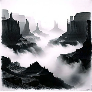 Nature Charcoal Drawing: Canyon During Foggy Morning With Black White