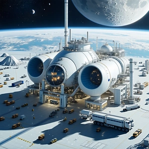 In The Image, There Is A Large White Space Station With A Dome-shaped Structure