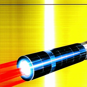 A Blue And Yellow Light Is Shining Through A Tube