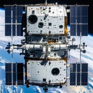 A Space Shuttle With A Large Satellite Dish On Top Of It