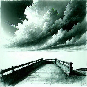 Urban Charcoal Drawing: Observation Deck With Dramatic Clouds With Black White