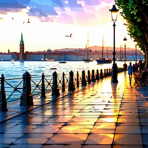 Urban Low Poly: Waterfront promenade with relaxing