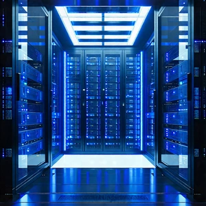 Tech Digital Art: Server Rack With Holographic Projection With Large Blue