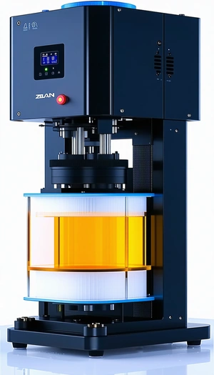 A Large Machine Is Sitting On A Table, With A Clear Glass Container Placed On Top Of It