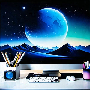 Tech Acrylic Painting: Futuristic Digital Workspace With Computer Desk