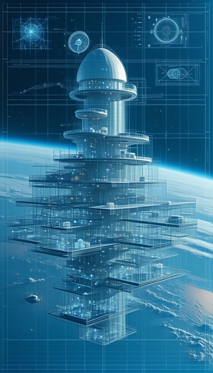 A Futuristic Building Is Shown In A Blue And White Color Scheme
