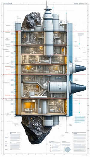 A Large Spacecraft Is Shown In A Cross-sectional View, Revealing Its Various Components